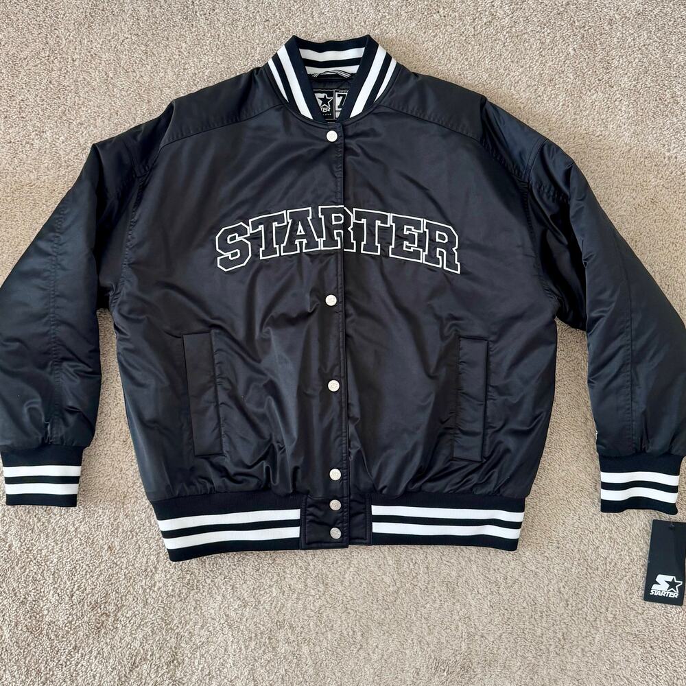 Starter Varsity Jacket Bomber Snap Front Satin Logo Retro Medium Black NEW